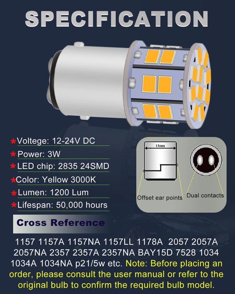 LEDYOTRY لمبة LED 1157 صفراء كهرمانية، ساطعة للغاية 2357 BAY15D 7528 2057 لمبات LED لإشارة الانعطاف، ضوء الانتظار، DRL، ضوء الفرامل، ضوء الذيل، عبوة من 4 - Image 2